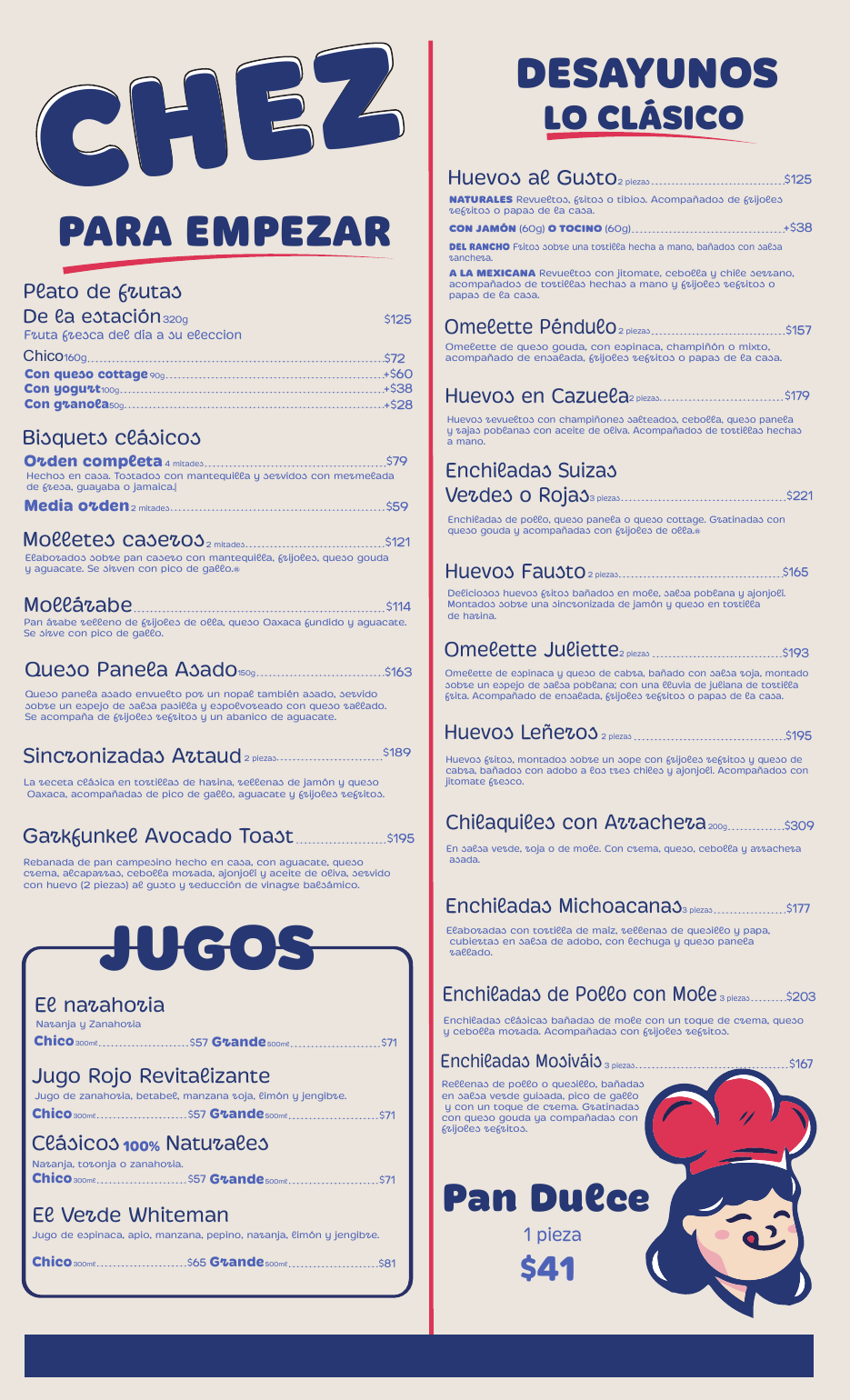 Menú diseñado para una cafetería